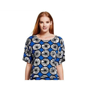 Merimeko Geometric Blouse Womens Small Blue Black White Short Sleeve Rayon Top